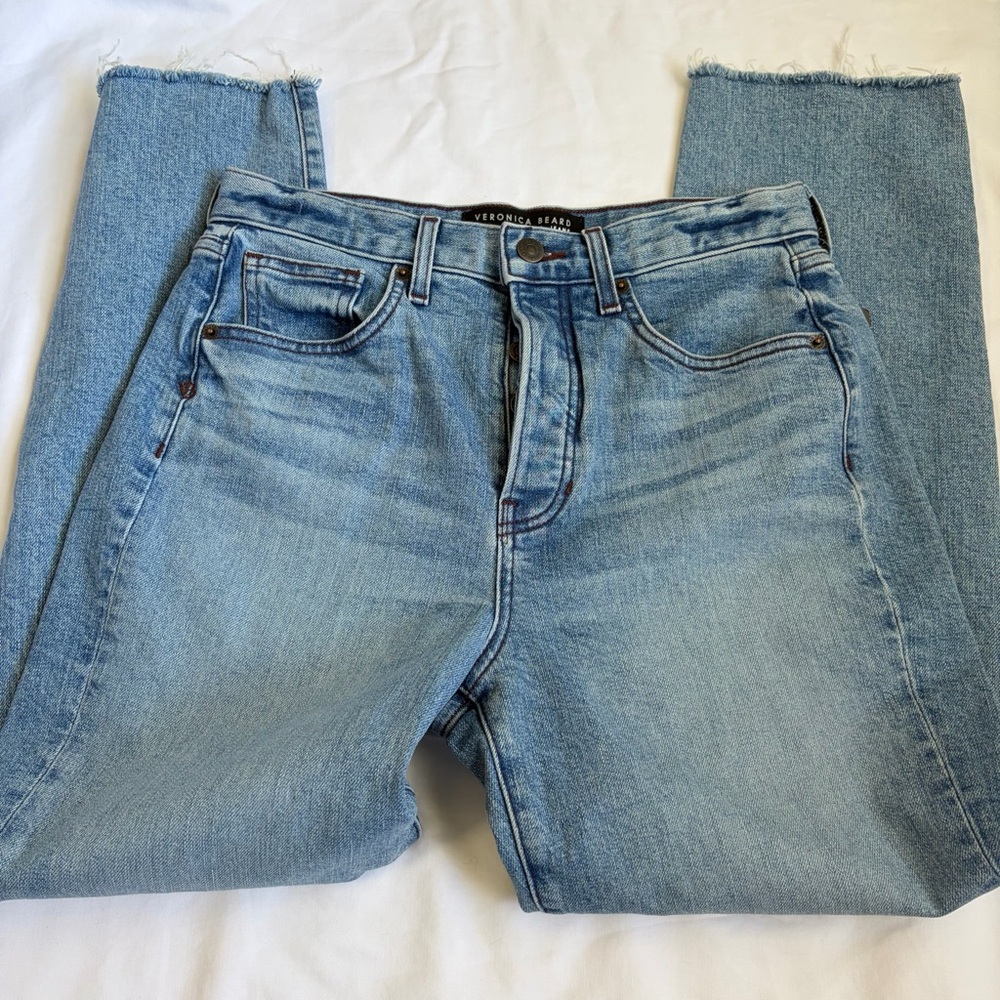 Veronica Beard Ryleigh Slim Straight High Rise Jeans Raw Hem Size 28 Designer
